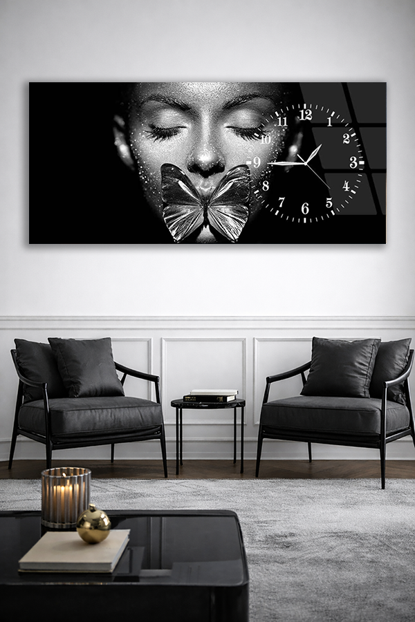 KIRILMAZ CAM DUVAR SAATİ , HEM TABLO HEM SAAT SİYAH BEYAZ KELEBEK SANAT TASARIMI EV OFİS HEDİYESİ