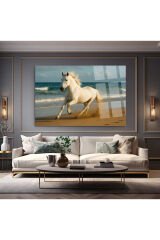 SAHİLDE KOŞAN ASİL BEYAZ AT KIRILMAZ CAM TABLO LÜKS MODERN TABLO EV HEDİYESİ