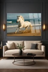 SAHİLDE KOŞAN ASİL BEYAZ AT KIRILMAZ CAM TABLO LÜKS MODERN TABLO EV HEDİYESİ