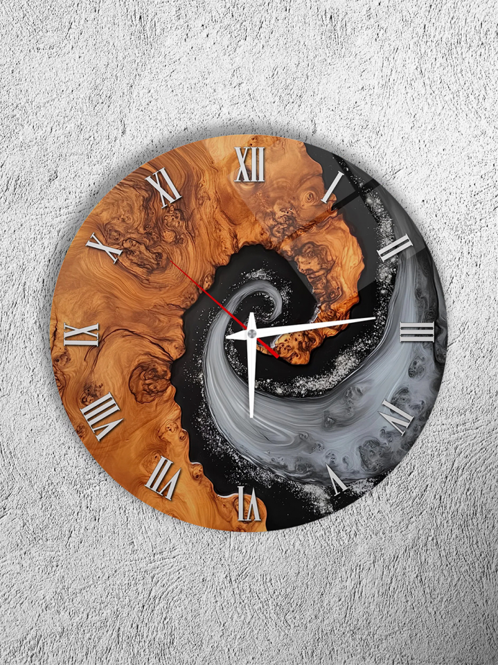 KIRILMAZ CAM DUVAR SAATİ, HEM TABLO HEM SAAT AHŞAP EFEKT REÇİNE SANAT SPİRAL DESEN MODERN EV OFİS HEDİYESİ
