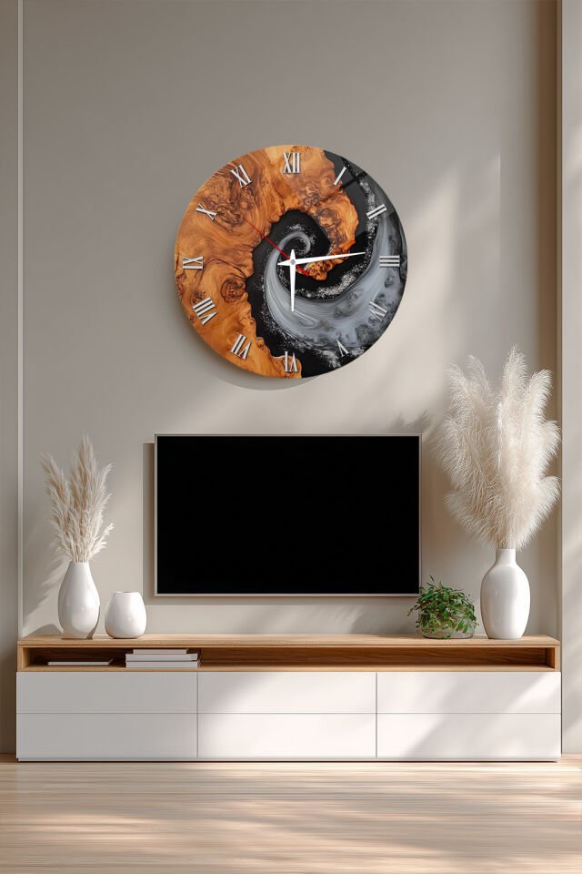 KIRILMAZ CAM DUVAR SAATİ, HEM TABLO HEM SAAT AHŞAP EFEKT REÇİNE SANAT SPİRAL DESEN MODERN EV OFİS HEDİYESİ