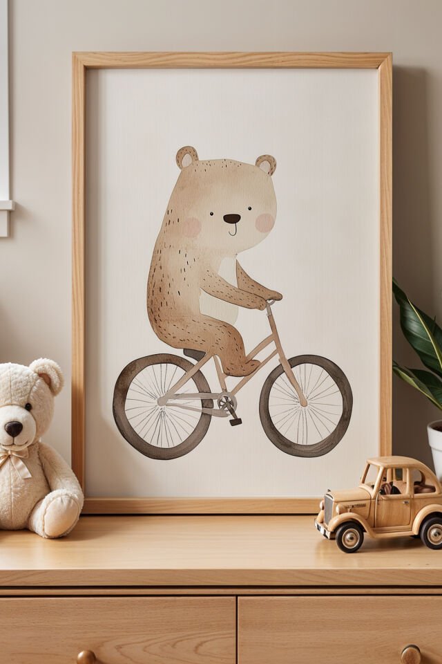 DOĞAL AHŞAP - Sevimli Bisiklet Süren Ayı Çocuk Odası Ve Bebek Odası Ahşap Çerçeveli Duvar Tablosu