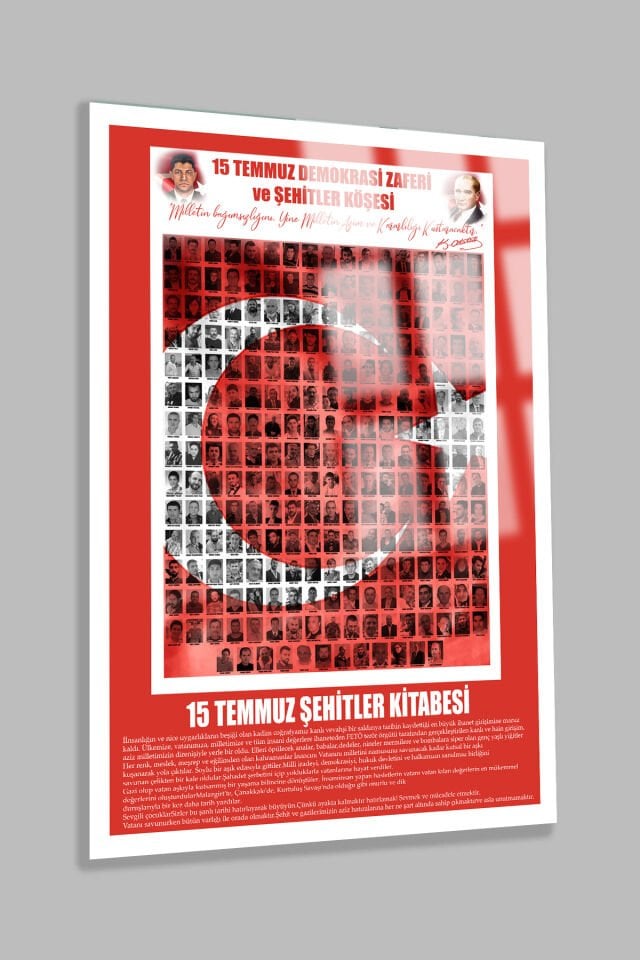 15 TEMBUZ ŞEHİTLER KİTABESİ KIRILMAZ LÜKS CAM TABLO OKULA ÖZEL TABLO İŞ YERİ HEDİYESİ