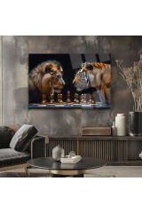 ASLAN VE KAPLAN SATRANÇ KIRILMAZ LÜKS CAM TABLO ULTRA YÜKSEK ÇÖZÜNÜRLÜKLÜ EV HEDİYESİ TABLO