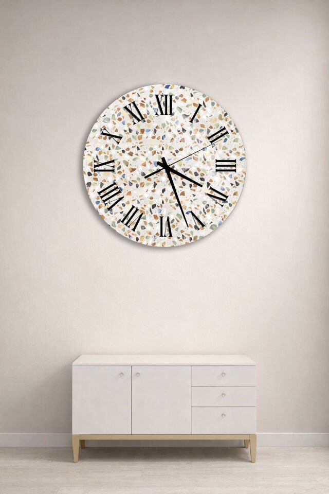 KIRILMAZ CAM DUVAR SAATİ , HEM TABLO HEM SAAT TERRAZZO TAŞ DESENLİ DOĞAL MODERN DEKOR EV OFİS HEDİYESİ