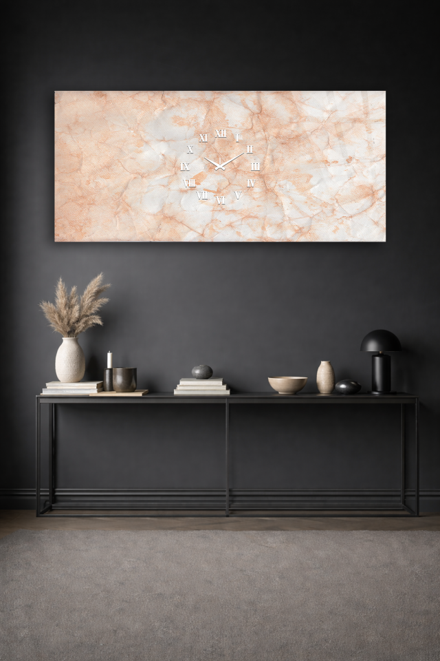 KIRILMAZ CAM DUVAR SAATİ , HEM TABLO HEM SAAT BEJ MERMER SADƏ VE ŞIK TASARIM EV OFİS HEDİYESİ
