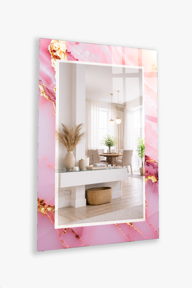 HEM TABLO HEM AYNA PEMBE ALTIN DAMAR MERMER DESEN CAM DUVAR AYNASI EV DEKORU