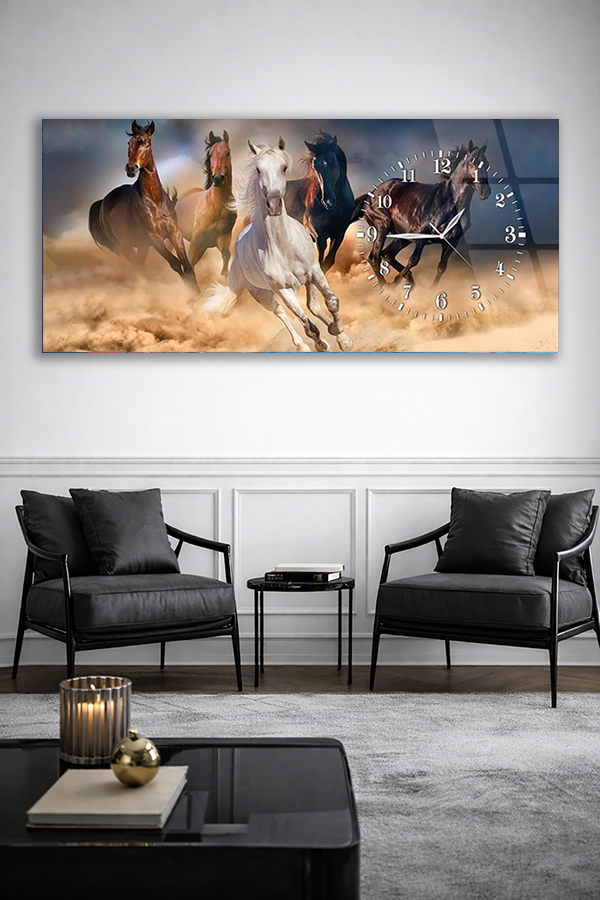 KIRILMAZ CAM DUVAR SAATİ , HEM TABLO HEM SAAT KOŞAN ATLAR DOĞA VE ÖZGÜRLÜK TEMALI EV OFİS HEDİYESİ