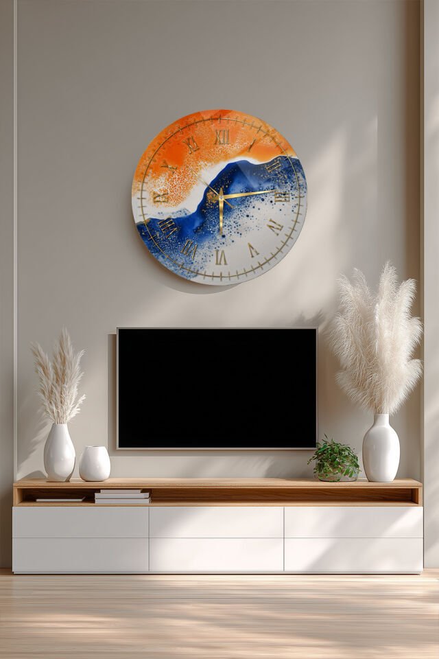 KIRILMAZ CAM DUVAR SAATİ, HEM TABLO HEM SAAT TURUNCU MAVİ MERMER DOKU SOYUT SANAT GOLD DETAY EV OFİS HEDİYESİ