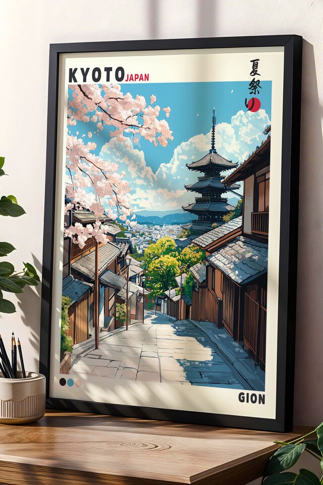 SİYAH - Zen ve Huzur Kyoto Tapınak Manzarası Doğal Ahşap Çerçeveli Duvar Tablosu