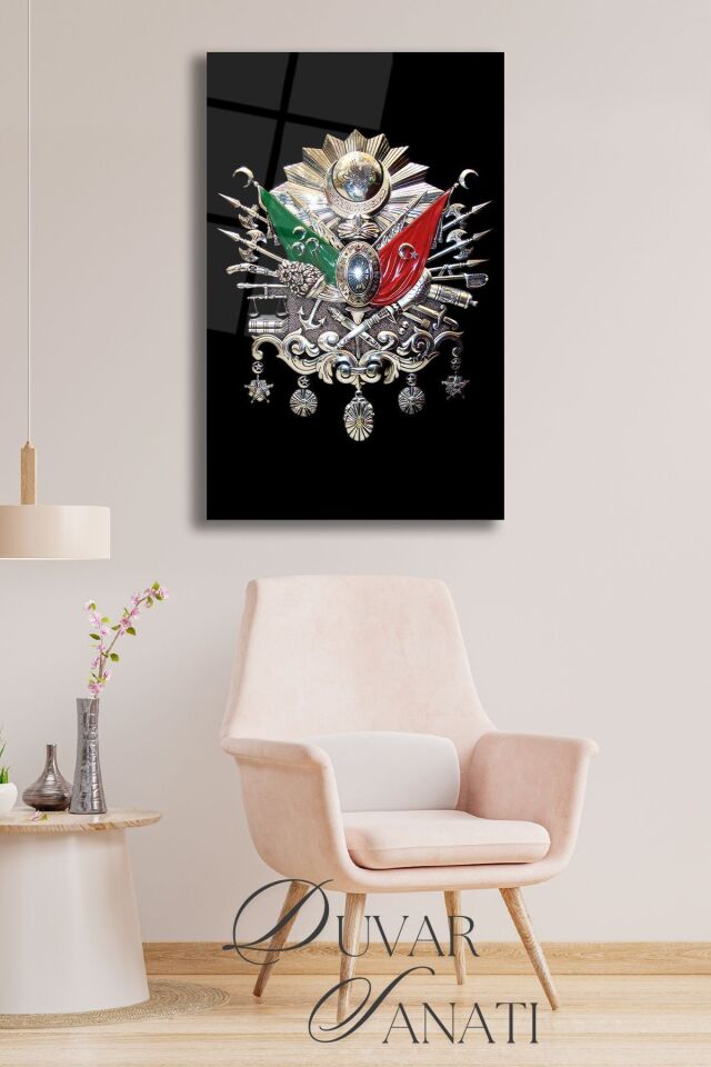 Osmanlı Arması Tuğra Cam Tablo,Dini İslami Modern Ev Ofis Salon Duvar Dekoru,Hediyelik Siyah Gümüş
