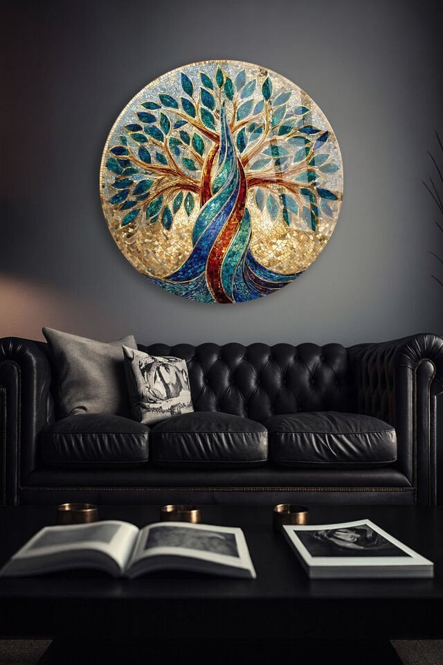 KIRILMAZ CAM TABLO – MAVİ VE ALTIN HAYAT AĞACI SOYUT SANAT TASARIMI