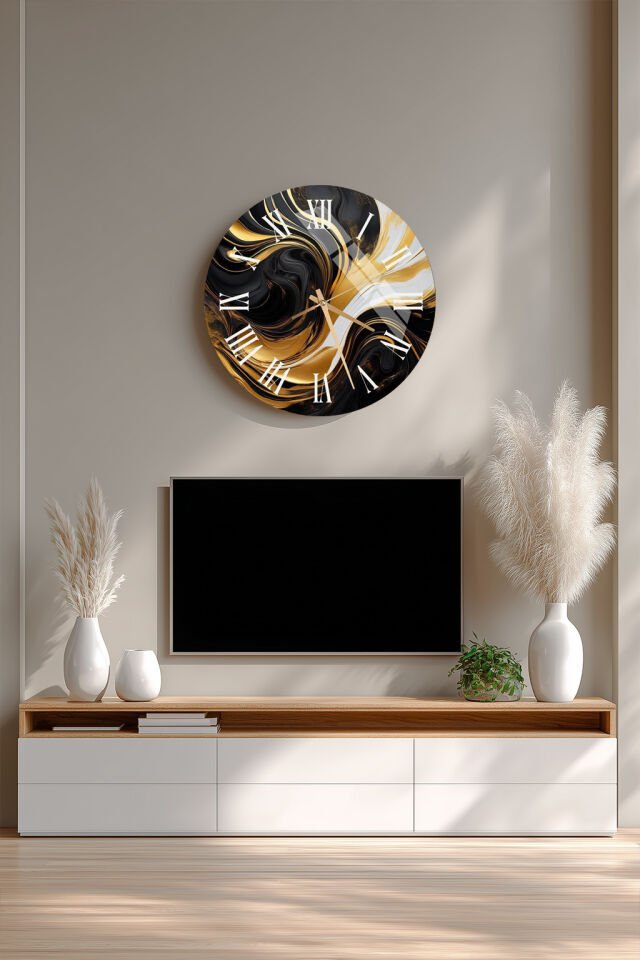 KIRILMAZ CAM DUVAR SAATİ , HEM TABLO HEM SAAT SİYAH ALTIN SOYUT AKIŞ DESENLİ LÜKS DEKOR EV OFİS HEDİYESİ