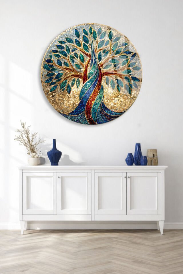 KIRILMAZ CAM TABLO – MAVİ VE ALTIN HAYAT AĞACI SOYUT SANAT TASARIMI