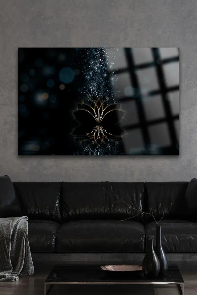 LOTUS ÇİÇEĞİ GÖRKEMLİ ULTRA YÜKSEK ÇÖZÜNÜRLÜK KARE CAM TABLO EV HEDİYESİ TABLO Siyah