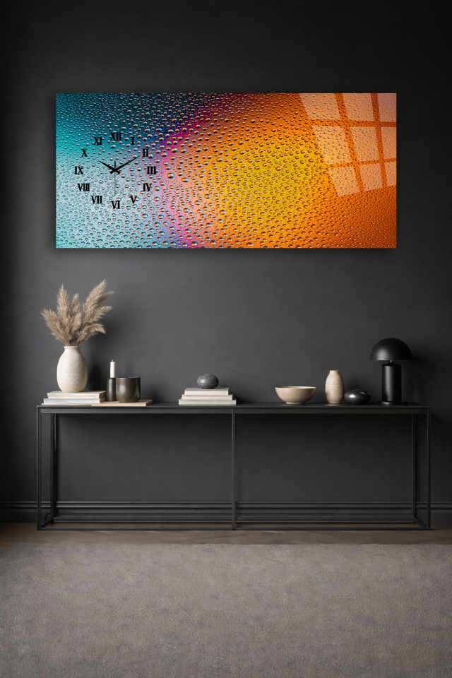 KIRILMAZ CAM DUVAR SAATİ , HEM TABLO HEM SAAT SU DAMLALI RENK GEÇİŞLİ MODERN EV OFİS HEDİYESİ