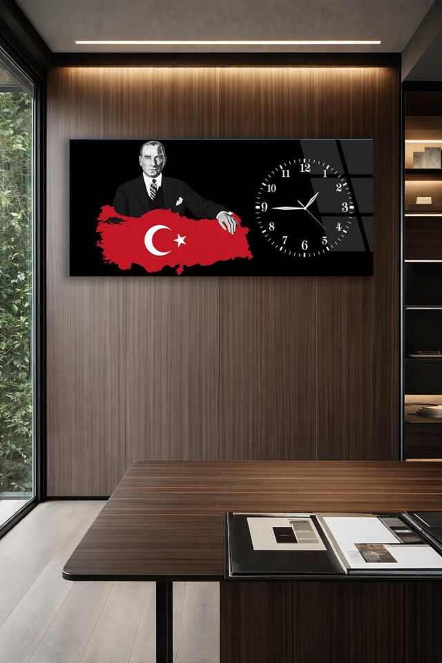 KIRILMAZ CAM DUVAR SAATİ , HEM TABLO HEM SAAT ATATÜRK VE TÜRKİYE HARİTASI TEMALI EV OFİS HEDİYESİ