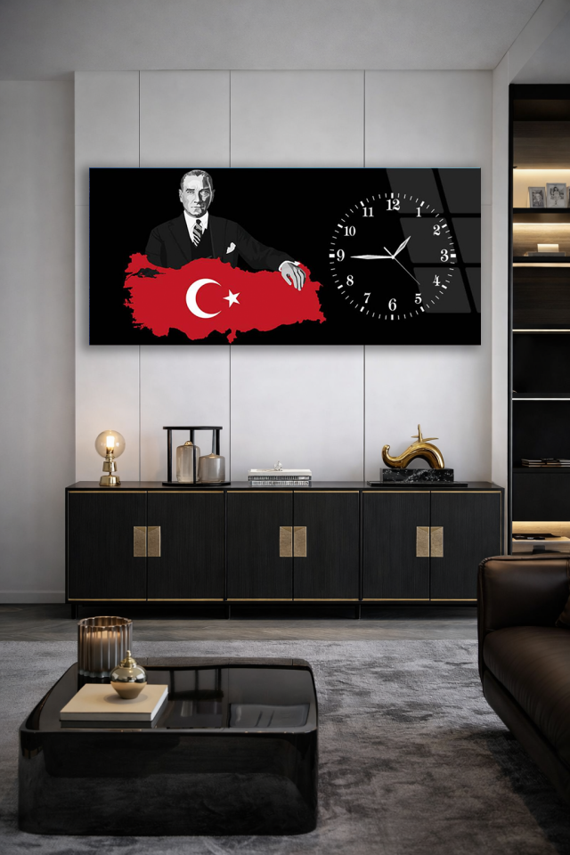 KIRILMAZ CAM DUVAR SAATİ , HEM TABLO HEM SAAT ATATÜRK VE TÜRKİYE HARİTASI TEMALI EV OFİS HEDİYESİ