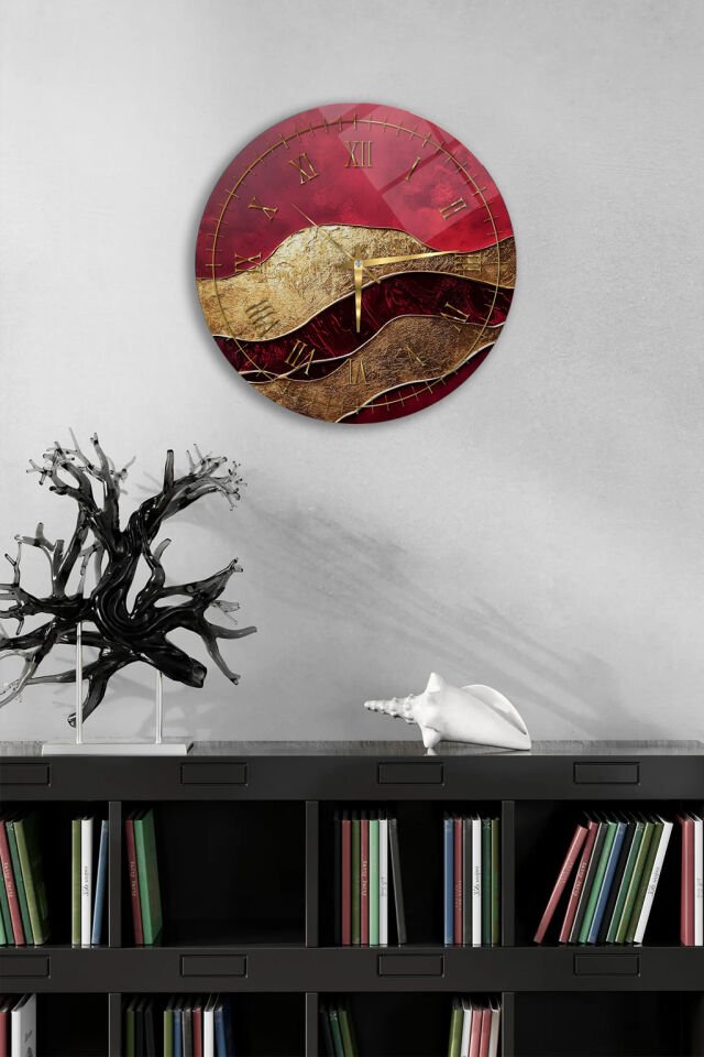 KIRILMAZ CAM DUVAR SAATİ, HEM TABLO HEM SAAT KIRMIZI GOLD DALGALI MERMER LÜKS TASARIM EV OFİS HEDİYESİ