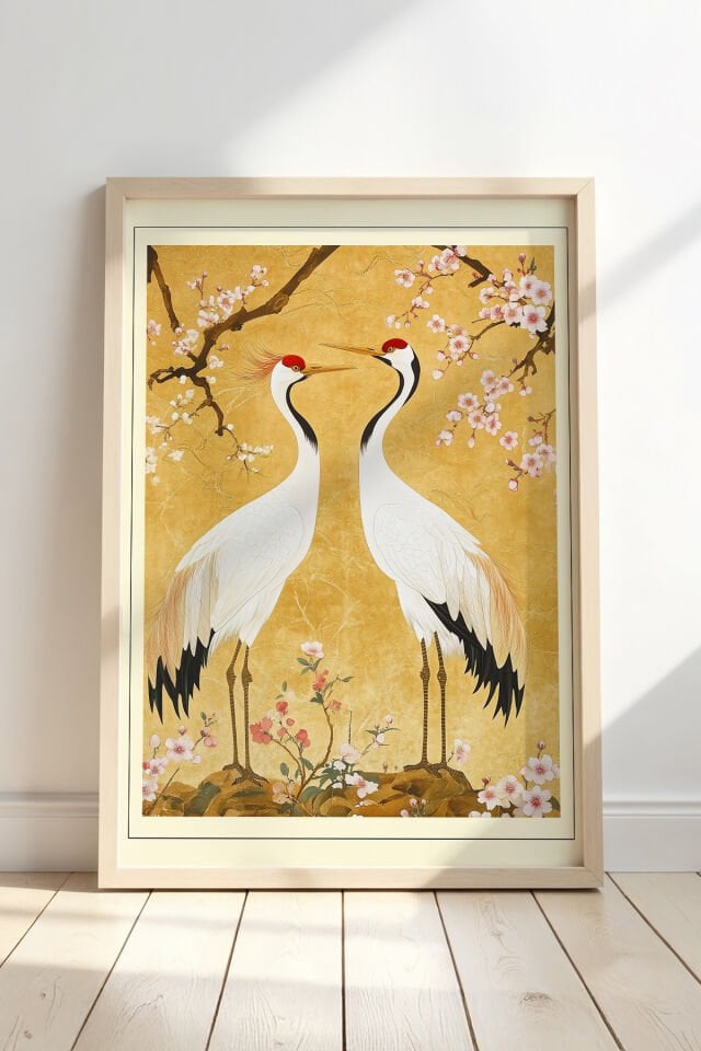 DOĞAL AHŞAP - Japon Turna Kuşları ve Sakura Doğal Ahşap Çerçeveli Duvar Tablosu