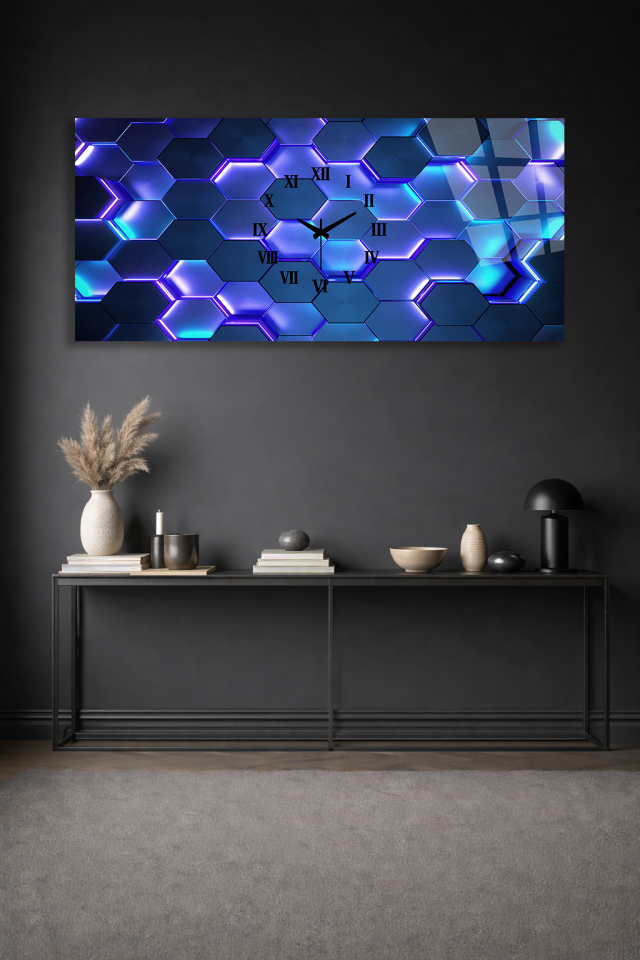 KIRILMAZ CAM DUVAR SAATİ , HEM TABLO HEM SAAT GEOMETRİK ALTIGEN MODERN DESEN EV OFİS HEDİYESİ