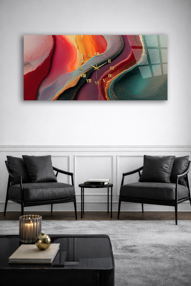 KIRILMAZ CAM DUVAR SAATİ , HEM TABLO HEM SAAT SOYUT RENK DALGA DESEN MODERN EV OFİS HEDİYESİ