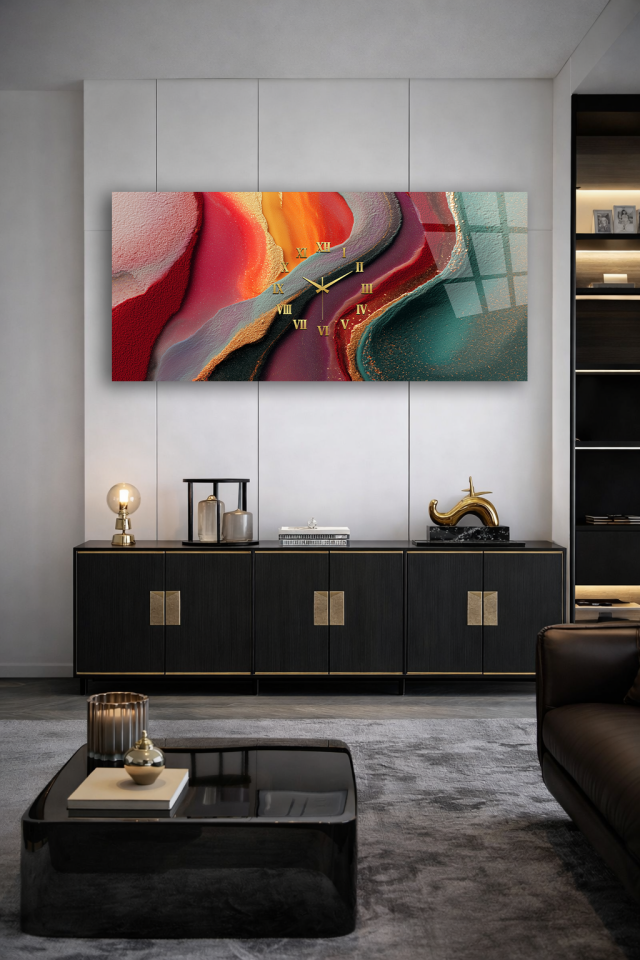 KIRILMAZ CAM DUVAR SAATİ , HEM TABLO HEM SAAT SOYUT RENK DALGA DESEN MODERN EV OFİS HEDİYESİ