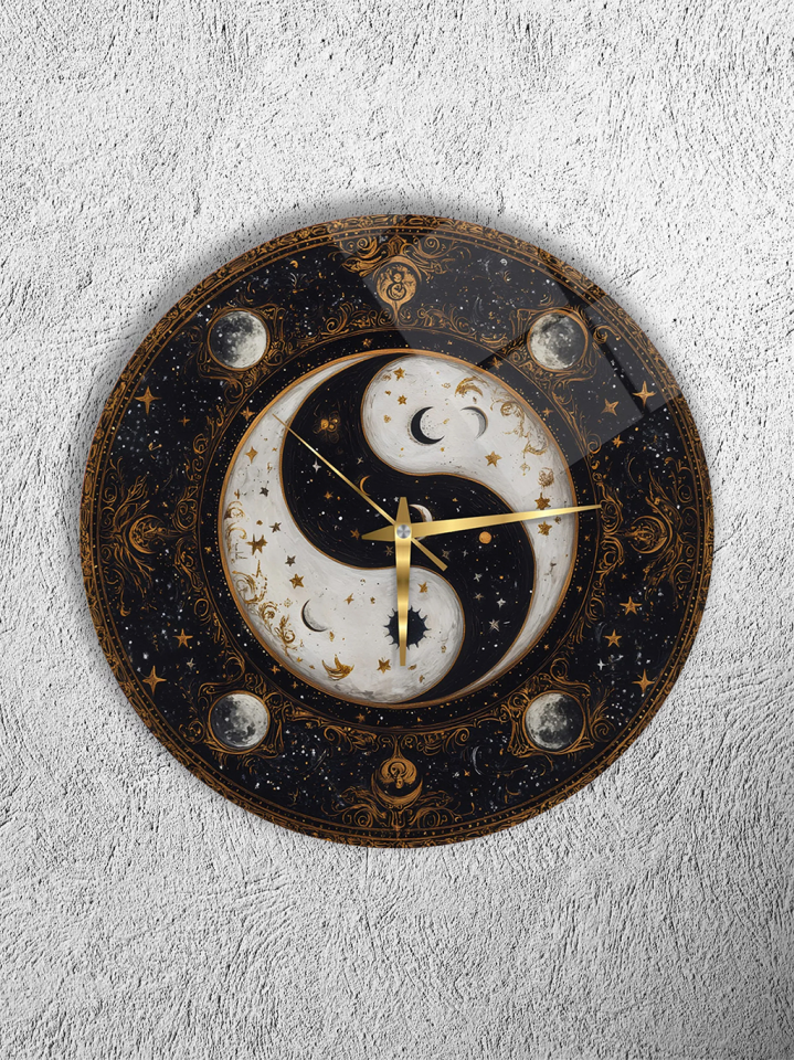 KIRILMAZ CAM DUVAR SAATİ, HEM TABLO HEM SAAT YIN YANG AY YILDIZ KOZMIK EVREN TEMALI EV OFİS HEDİYESİ