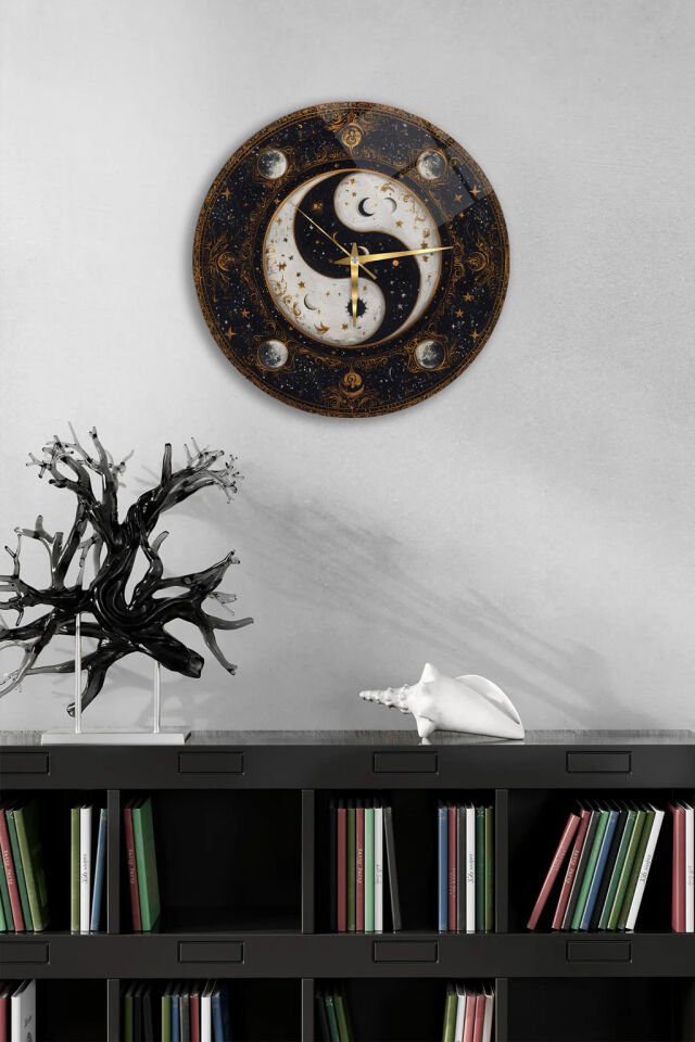 KIRILMAZ CAM DUVAR SAATİ, HEM TABLO HEM SAAT YIN YANG AY YILDIZ KOZMIK EVREN TEMALI EV OFİS HEDİYESİ