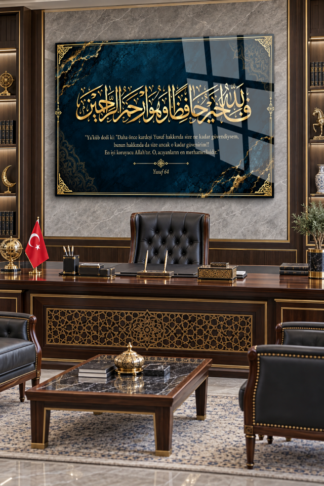 YUSUF SURESİ 64 AYET YAZILI LACİVERT MERMER DESENLİ CAM TABLO EV HEDİYESİ