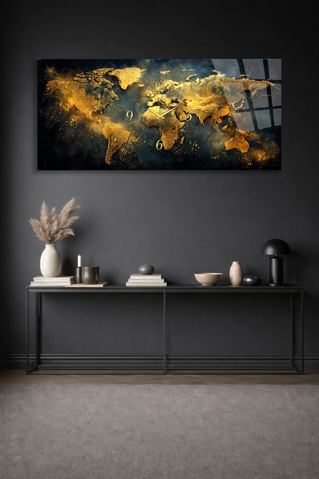 KIRILMAZ CAM DUVAR SAATİ , HEM TABLO HEM SAAT ALTIN DÜNYA HARİTASI LÜKS TASARIM EV OFİS HEDİYESİ