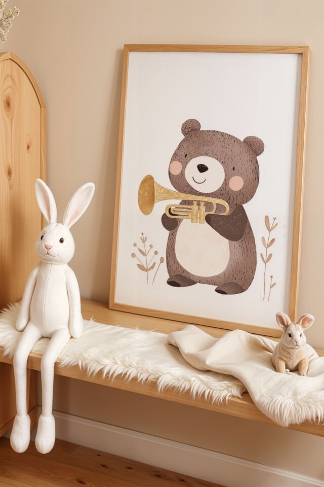 DOĞAL AHŞAP - Sevimli Müzik Çalan Ayı – Doğal Ahşap Çerçeveli Çocuk Odası Tablosu