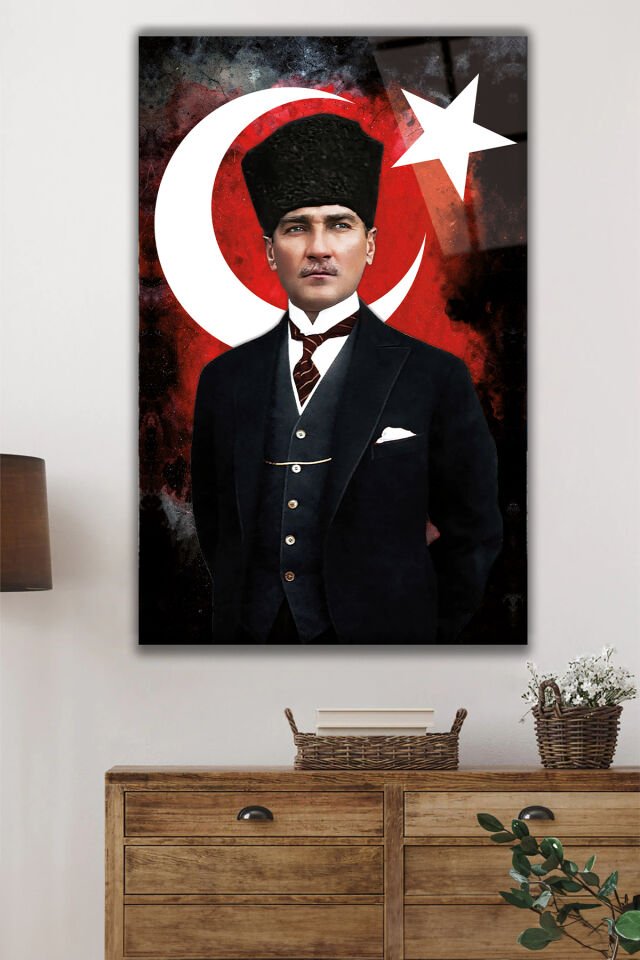 Atatürk Portresi ve Türk Bayrağı Cam Tablo Ev Ofis Okul Duvar Dekoru, Hediyelik Büyük Tablo Siyah Kırmızı