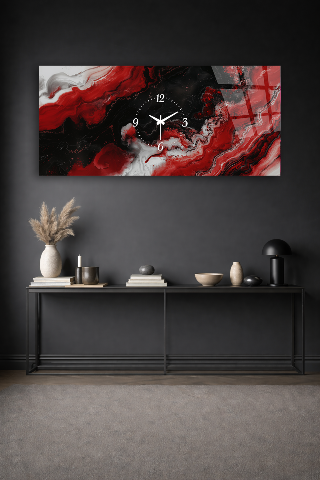 KIRILMAZ CAM DUVAR SAATİ , HEM TABLO HEM SAAT KIRMIZI SİYAH MERMER SOYUT TASARIM EV OFİS HEDİYESİ