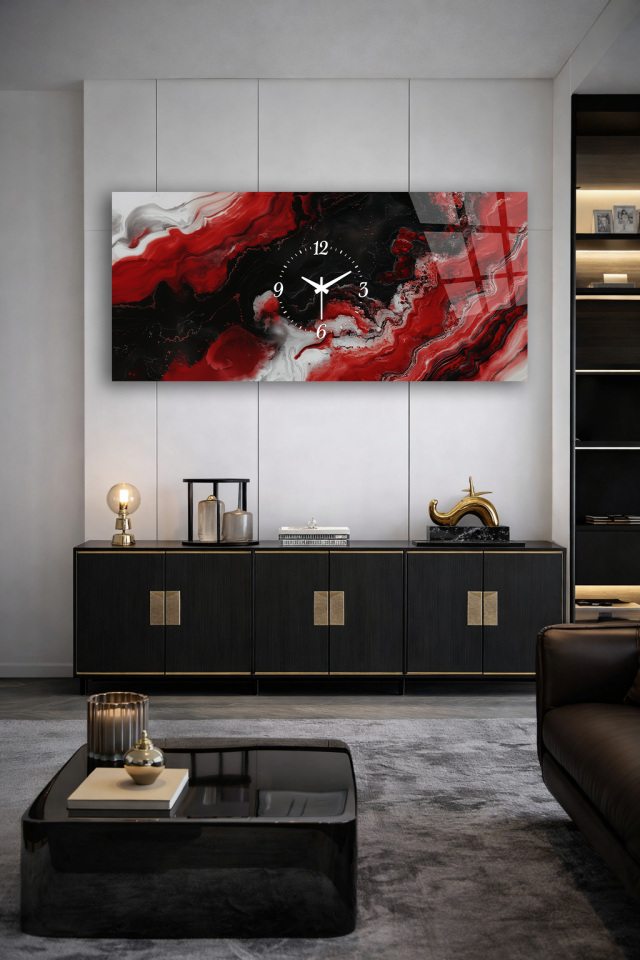 KIRILMAZ CAM DUVAR SAATİ , HEM TABLO HEM SAAT KIRMIZI SİYAH MERMER SOYUT TASARIM EV OFİS HEDİYESİ