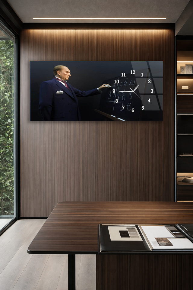 KIRILMAZ CAM DUVAR SAATİ , HEM TABLO HEM SAAT ATATÜRK VE CUMHURİYET RUHU EV OFİS HEDİYESİ