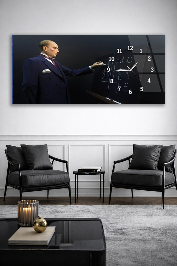 KIRILMAZ CAM DUVAR SAATİ , HEM TABLO HEM SAAT ATATÜRK VE CUMHURİYET RUHU EV OFİS HEDİYESİ