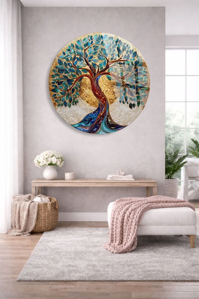 KIRILMAZ CAM TABLO – ALTIN ZEMİN ÜZERİ TURKUAZ HAYAT AĞACI SANAT TASARIMI