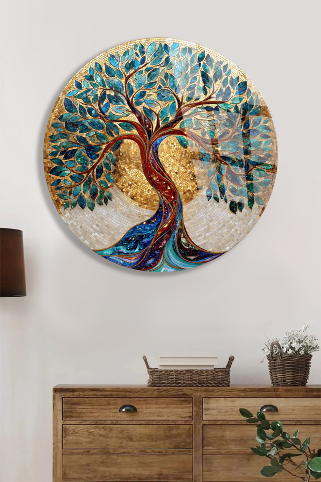 KIRILMAZ CAM TABLO – ALTIN ZEMİN ÜZERİ TURKUAZ HAYAT AĞACI SANAT TASARIMI