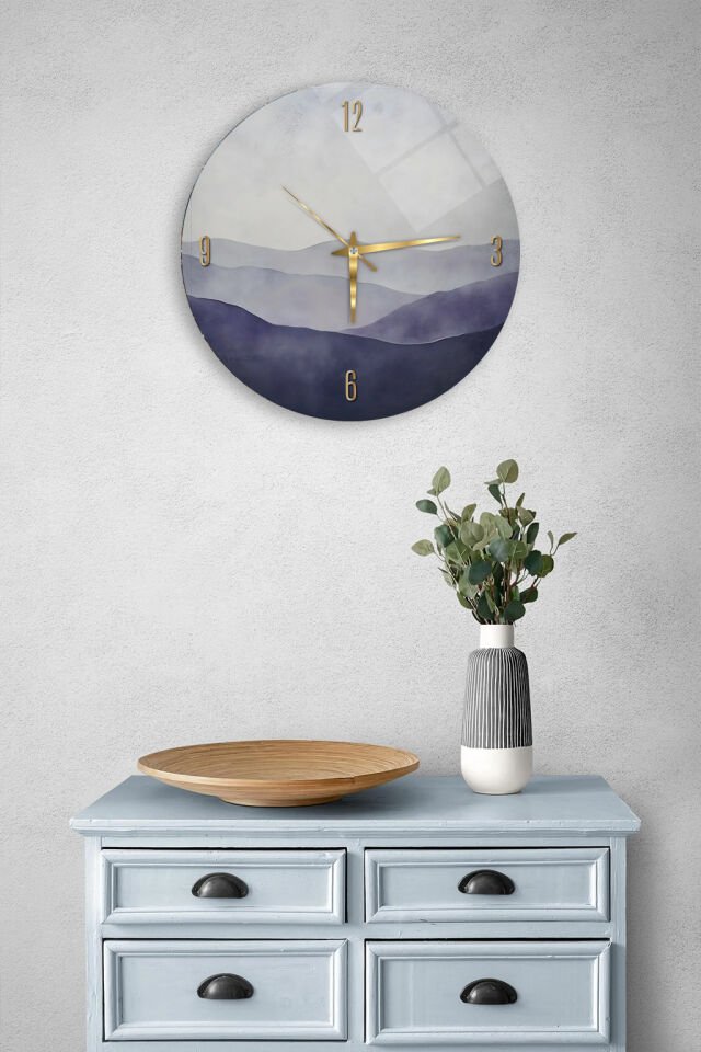 KIRILMAZ CAM DUVAR SAATİ, HEM TABLO HEM SAAT SİS DAĞ MANZARA MİNİMALİST MODERN TASARIM EV OFİS HEDİYESİ