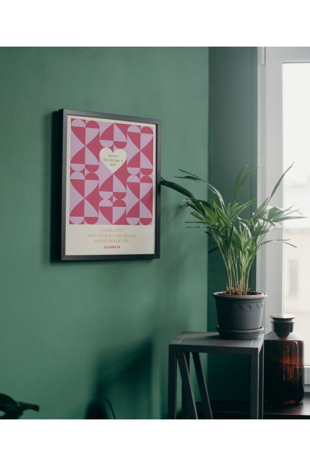 Çok Renkli - Happy Valentines Day Pembe Kalp Hediyelik Poster Çerçeveli Sanatsal Tasarım Tablo