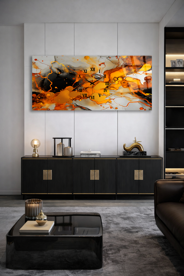 KIRILMAZ CAM DUVAR SAATİ , HEM TABLO HEM SAAT TURUNCU SİYAH MERMER SOYUT EV OFİS HEDİYESİ