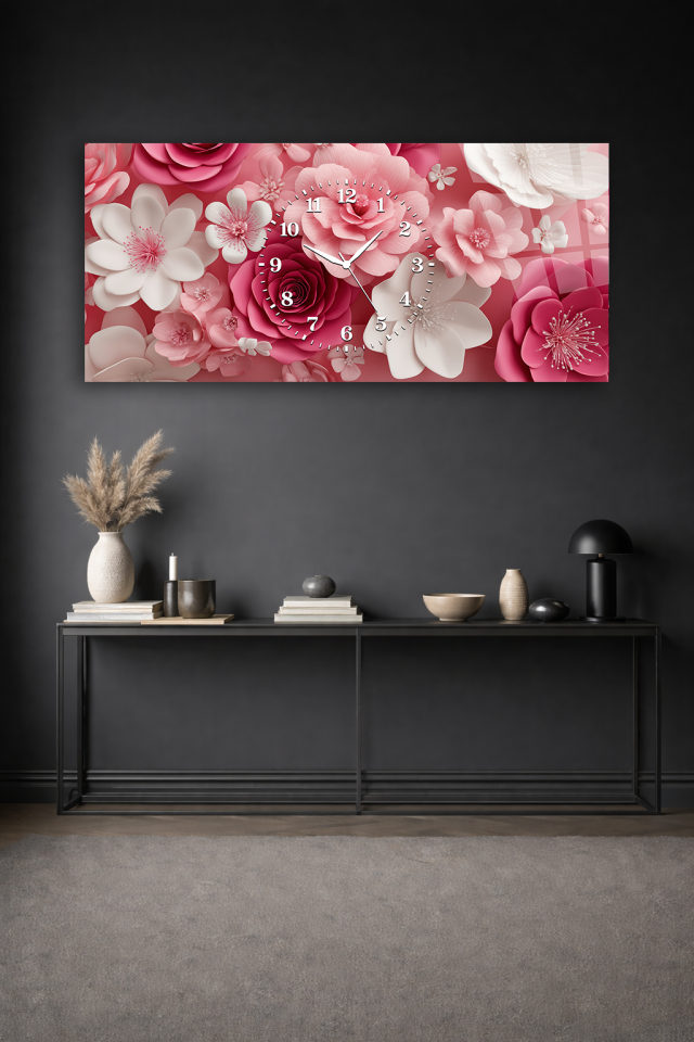 KIRILMAZ CAM DUVAR SAATİ , HEM TABLO HEM SAAT PEMBE ÇİÇEK DESEN ROMANTİK EV OFİS HEDİYESİ