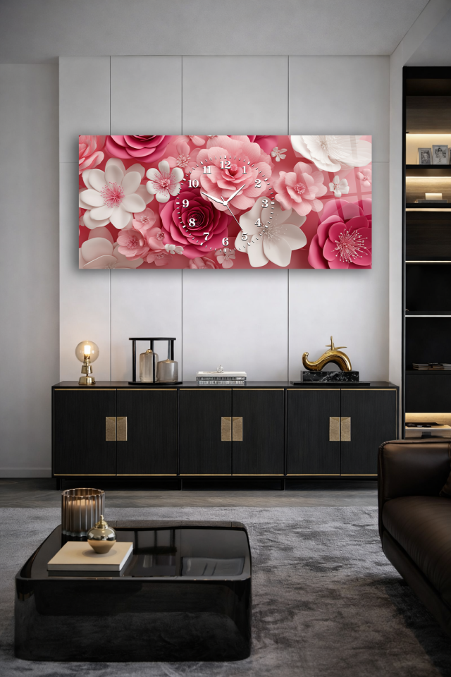KIRILMAZ CAM DUVAR SAATİ , HEM TABLO HEM SAAT PEMBE ÇİÇEK DESEN ROMANTİK EV OFİS HEDİYESİ