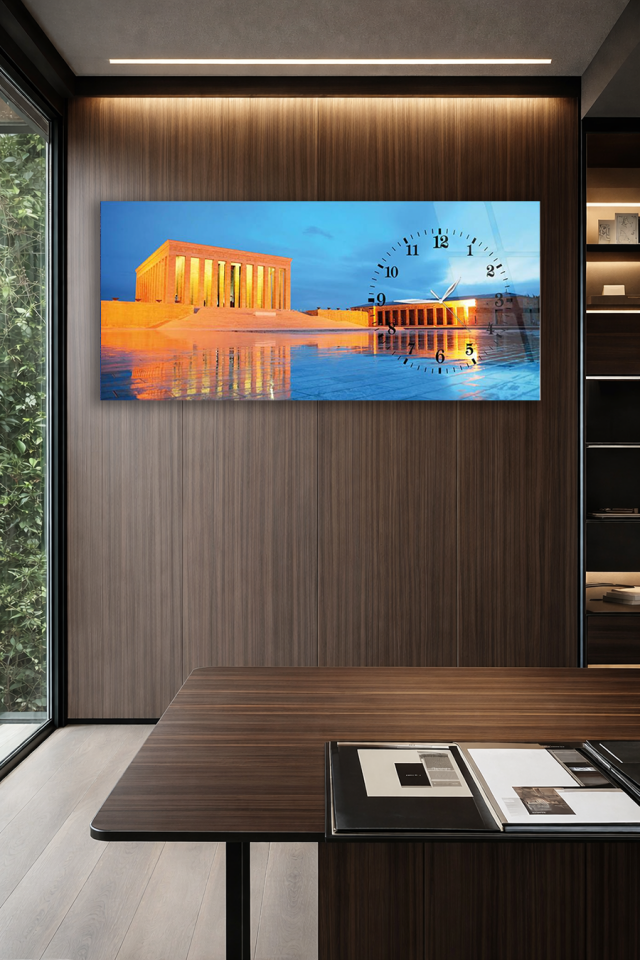 KIRILMAZ CAM DUVAR SAATİ , HEM TABLO HEM SAAT ANITKABİR MANZARALI PRESTİJ TASARIM EV OFİS HEDİYESİ