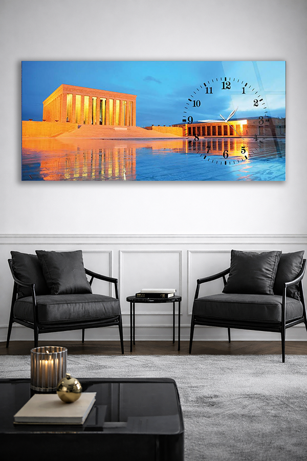 KIRILMAZ CAM DUVAR SAATİ , HEM TABLO HEM SAAT ANITKABİR MANZARALI PRESTİJ TASARIM EV OFİS HEDİYESİ