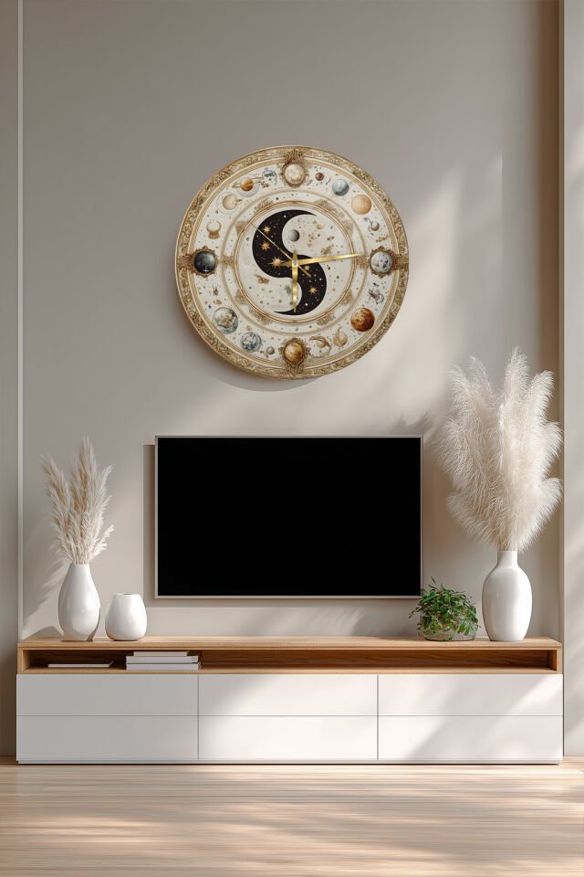 KIRILMAZ CAM DUVAR SAATİ, HEM TABLO HEM SAAT ASTROLOJİ GEZEGENLER YIN YANG KOLEKSİYON TASARIM EV OFİS HEDİYESİ