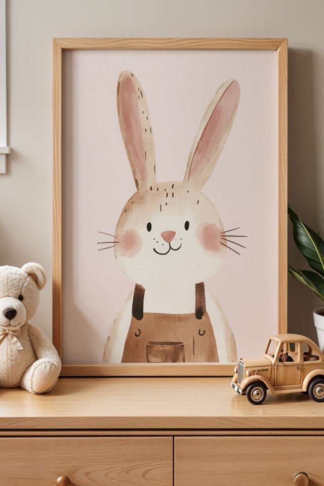 DOĞAL AHŞAP - Sevimli Erkek Tavşan Çocuk Odası Ve Bebek Odası Ahşap Çerçeveli Duvar Tablosu