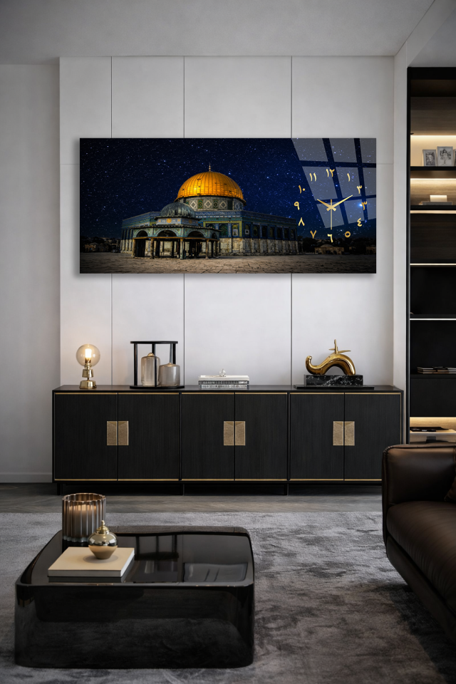 KIRILMAZ CAM DUVAR SAATİ , HEM TABLO HEM SAAT MESCİD-İ AKSA KUBBETÜS SAHRA GECE EV OFİS HEDİYESİ