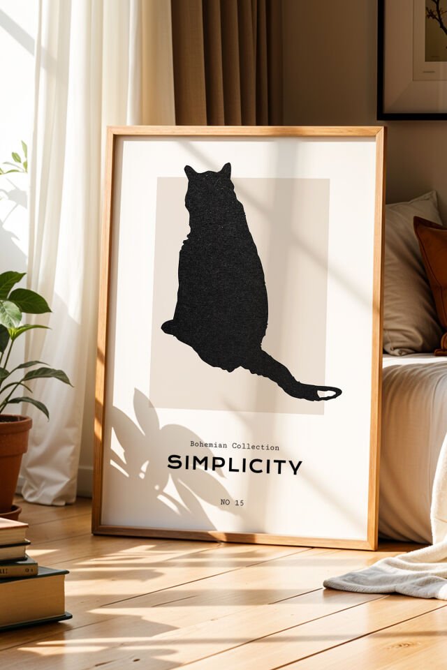 DOĞAL AHŞAP - Simplicity Kedi Silüet Çizimi Doğal Ahşap Çerçeveli Duvar Tablosu